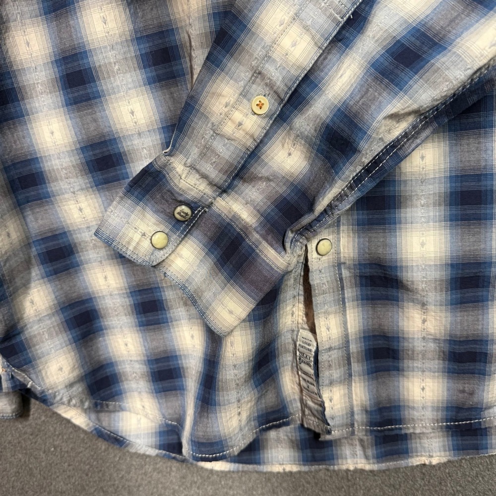 Lucky Brand Mens Pearl Snap Blue White Plaid Western Button Shirt Classic Fit L - Picture 4 of 10